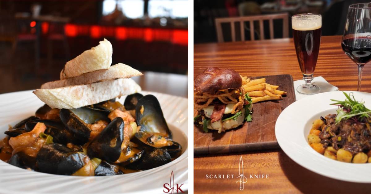 side by side photos of restaurant food and drinks