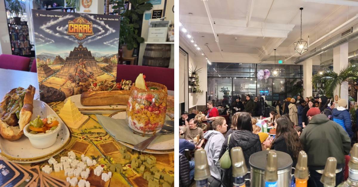 left image of board games and food and drinks; right image of people inside a dining area