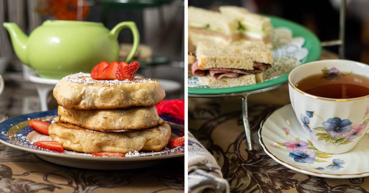 left photo of green teapot and breakfast food; right image of tea