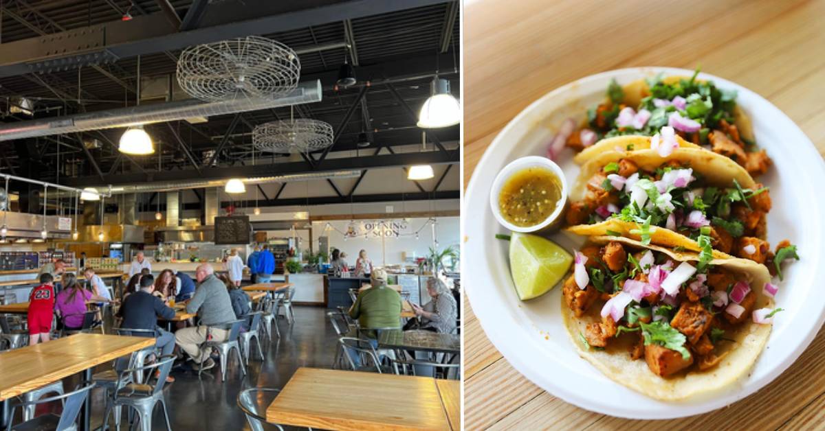 left image of dining area; right image of tacos