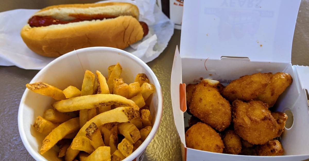 hot dog, fries, and cheese curds at a&w restaurant