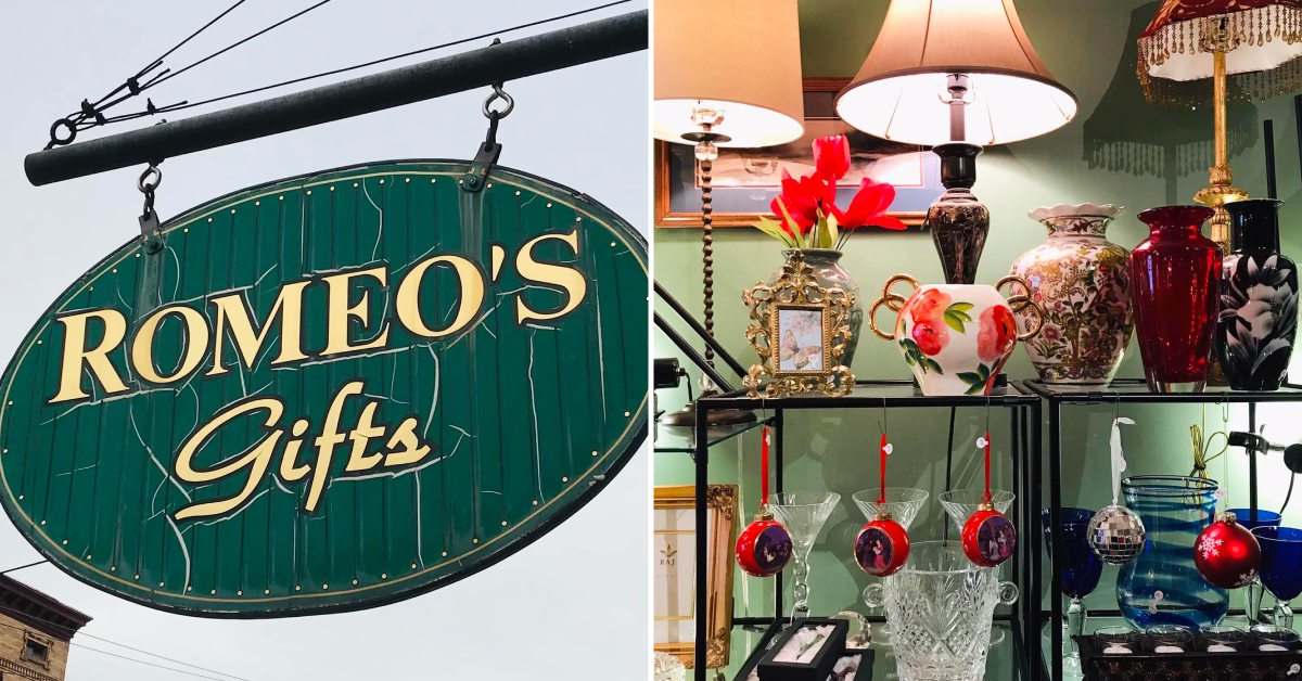 sign for Romeo's Gifts; lamps and ornaments and glasses on display in store