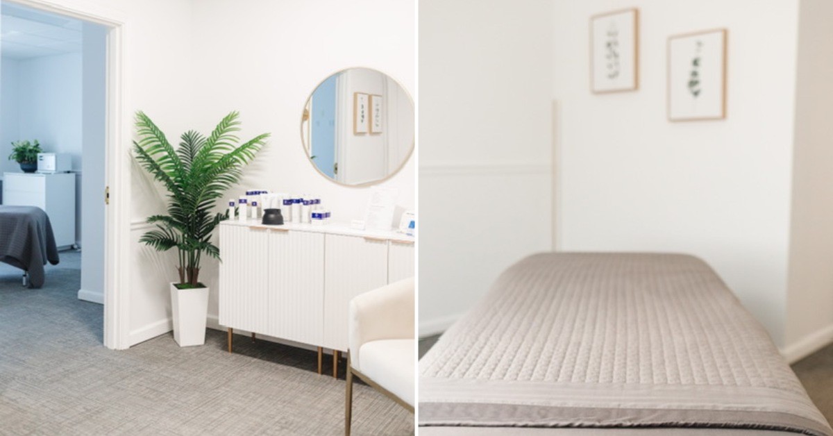 side by side photos of spa rooms