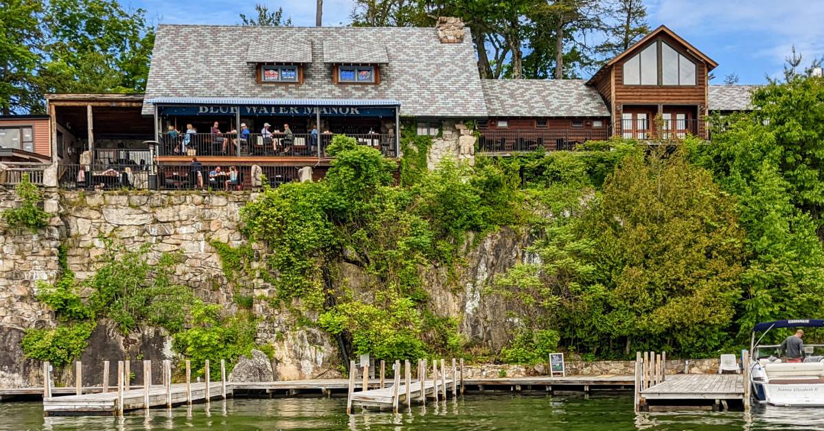 view of tavern on the lake from the water in bolton landing
