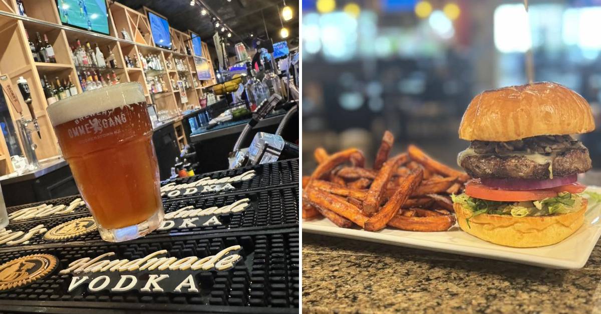 beer on bar and burger with fries