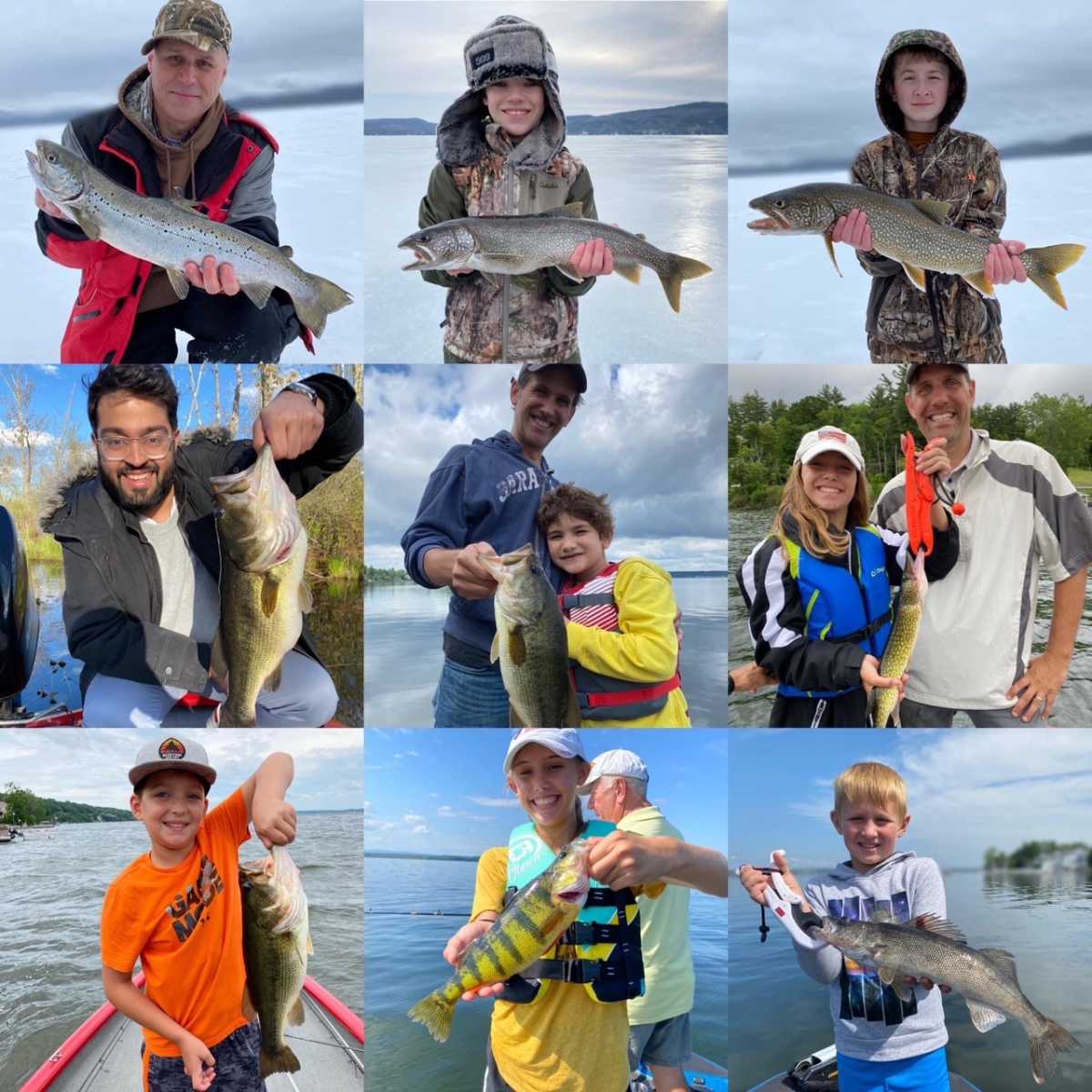 collage of nine photos of people holding up fish in different seasons