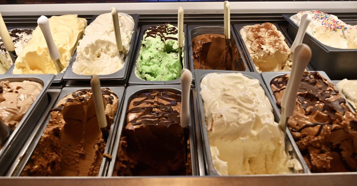 Vanilla chocolate mint and more ice cream with scoops ready to serv