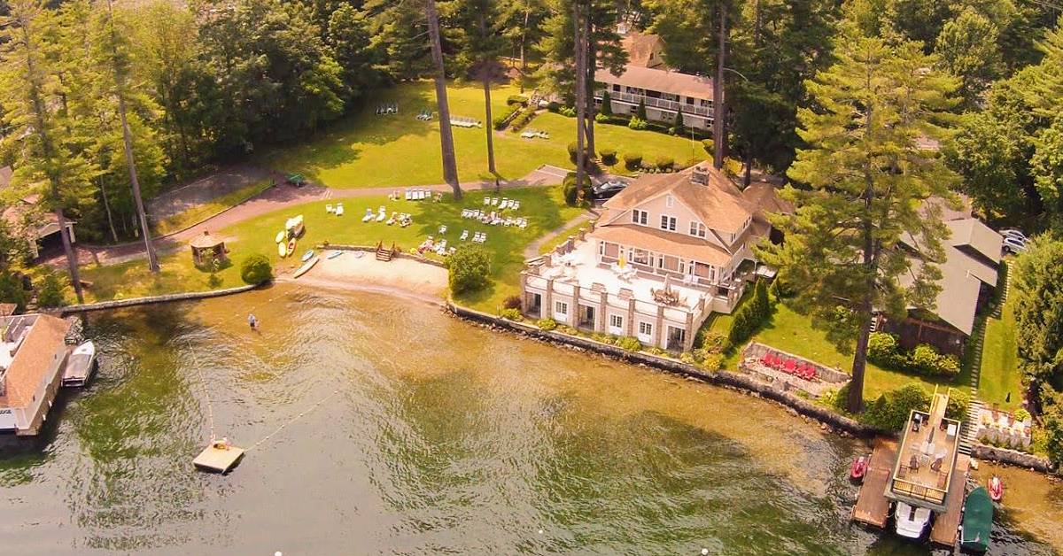 aerial view of chelka lodge, lake george