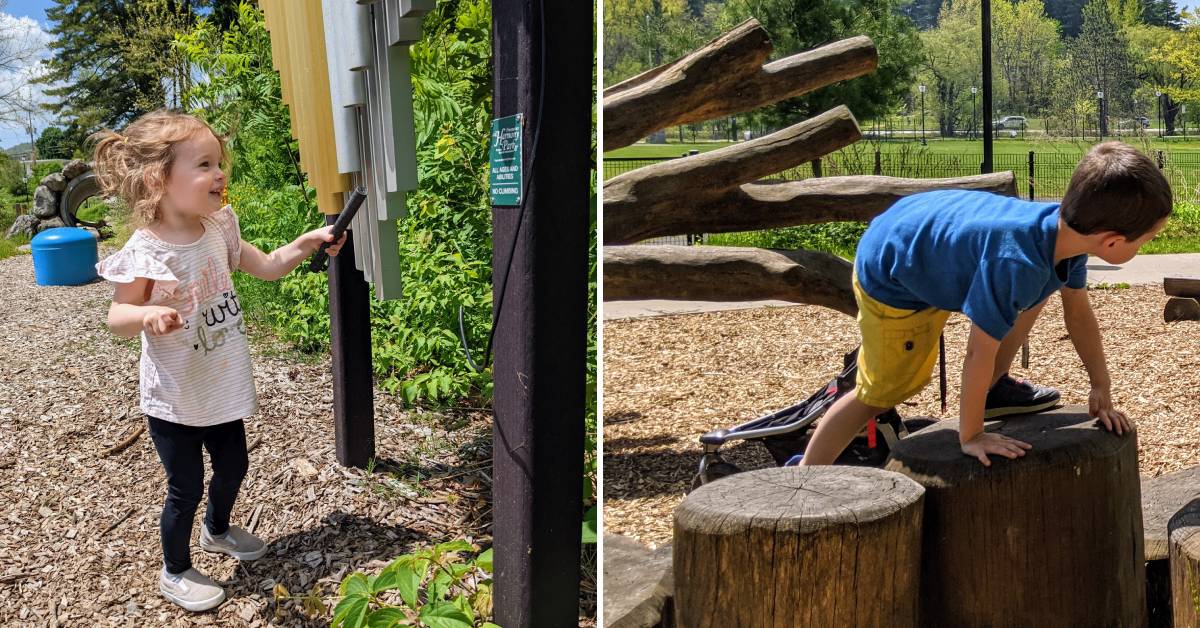little girl playing musical element and little boy on climbing structure at pappy's playground