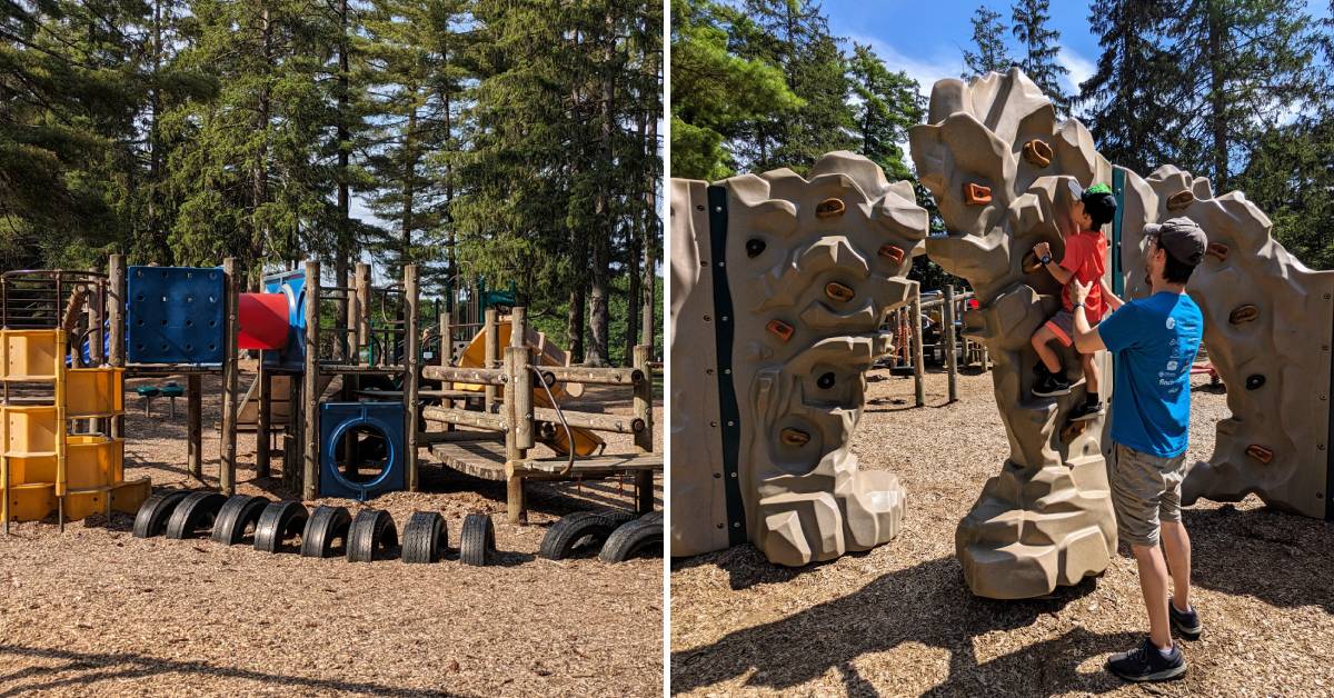 playground and dad and kid at climbing structure at crandall park