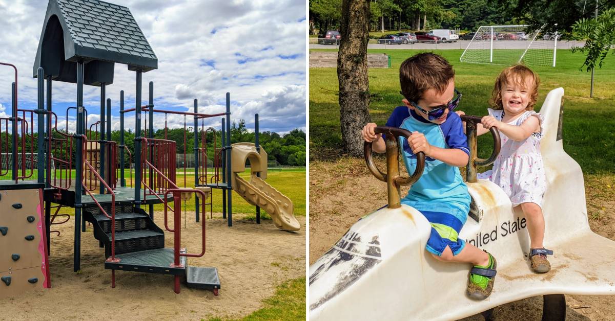 playground on left, kids on plane structure at playground at moreau rec park on right