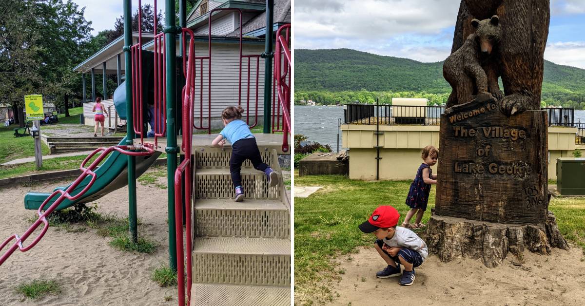 little girl on small playground on the left, kids by village of lake george bear statue in shepard park on the right