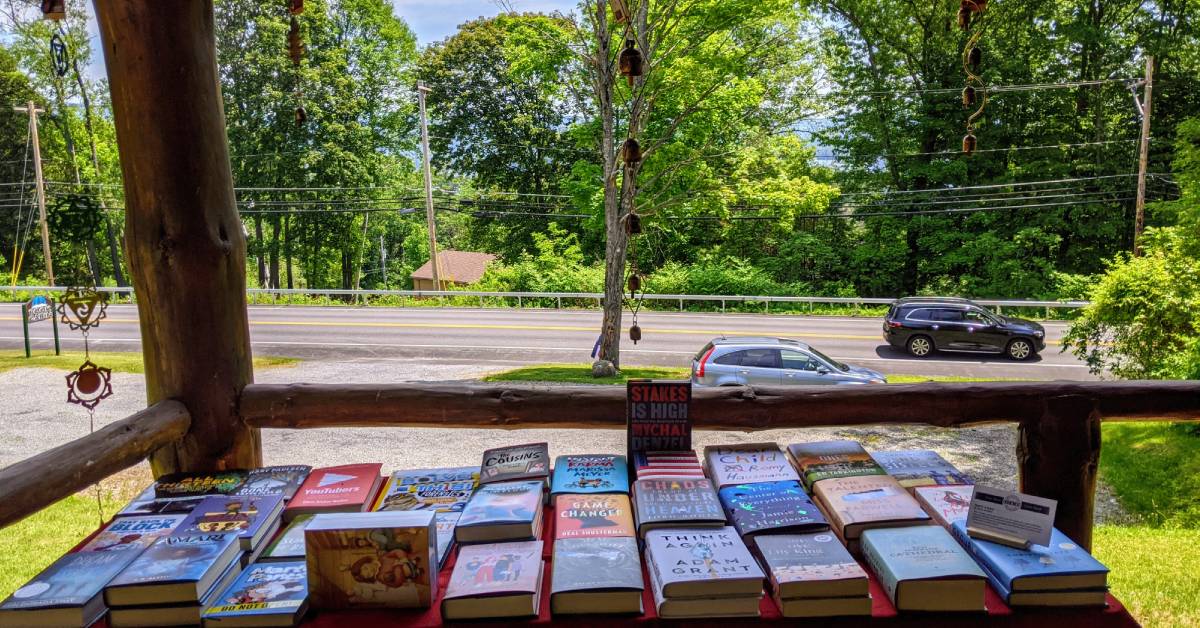 view from book cabin's porch in lake george