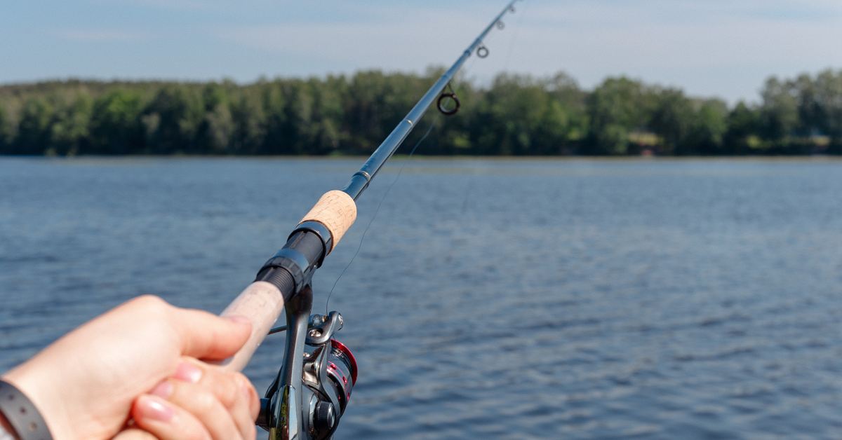 person holding fishing pole over lake