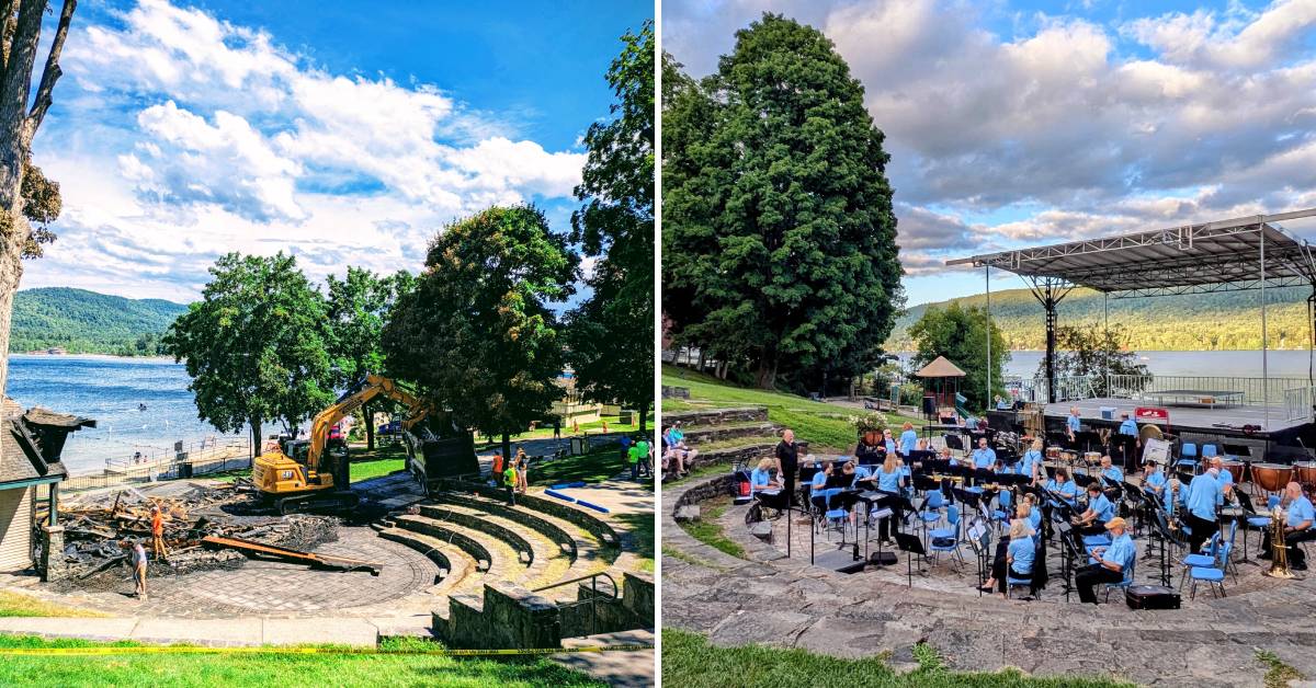 construction equipment cleaning up shepard park from fire on left, new bandstand structure on the right