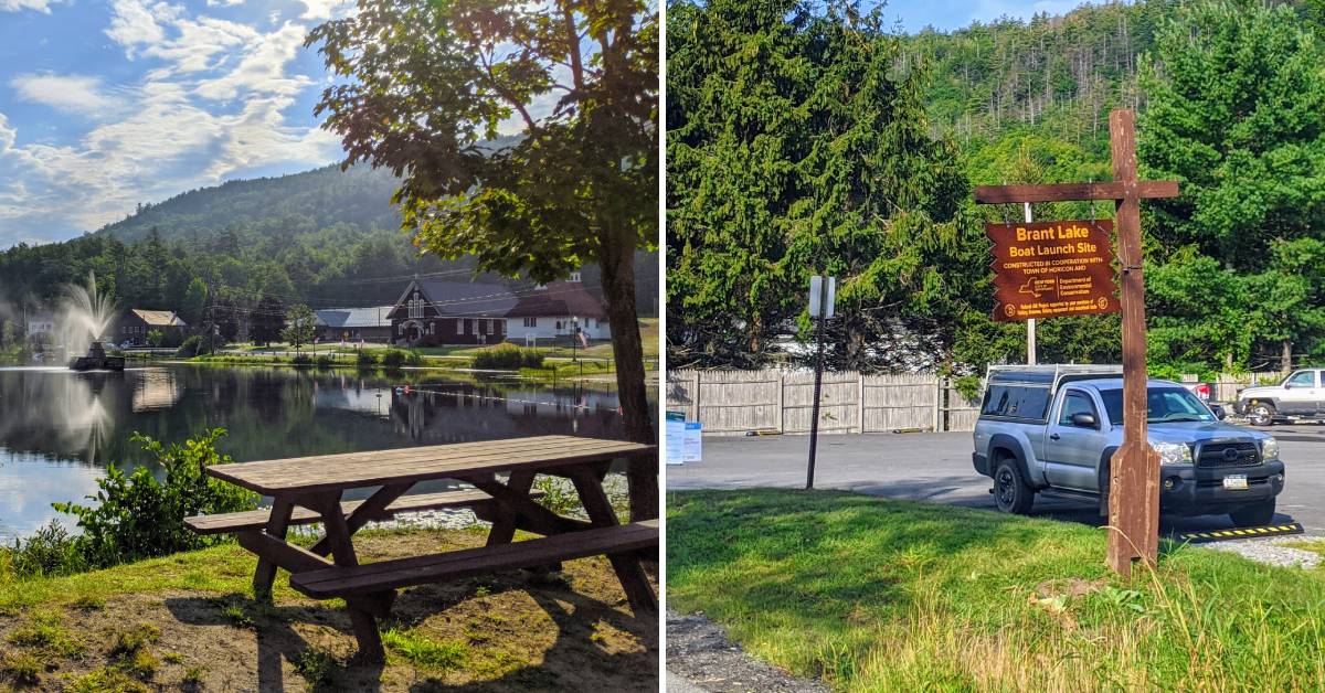 brant lake picnic bench and fountain on left, boat launch sign on the right