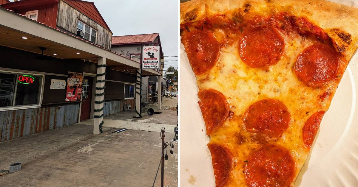 exterior of tommy gun's pizzeria on the left, pepperoni pizza on the righ