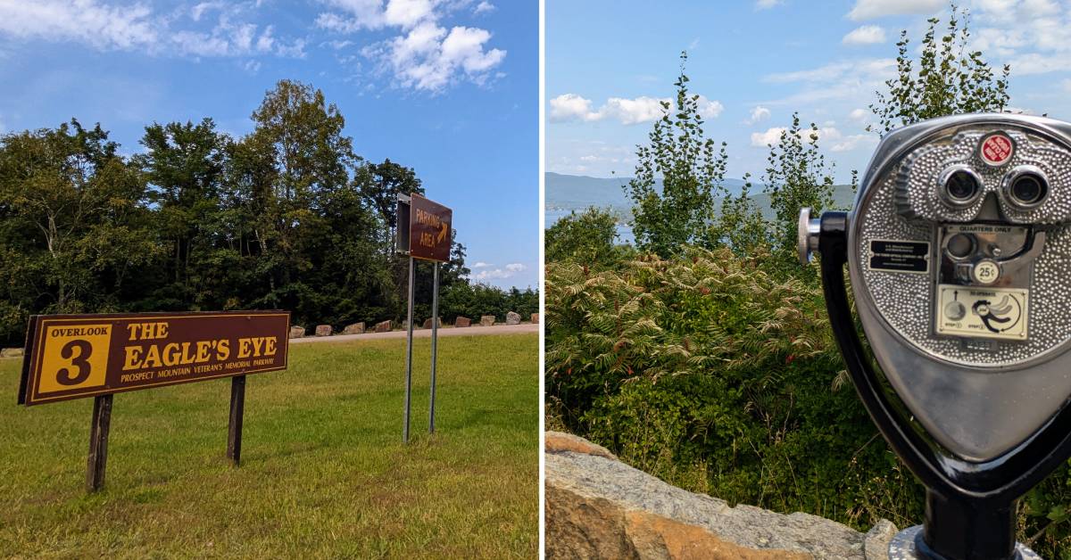 eagle's eye sign on prospect mountain on the left, prospect mountain view finder on the right