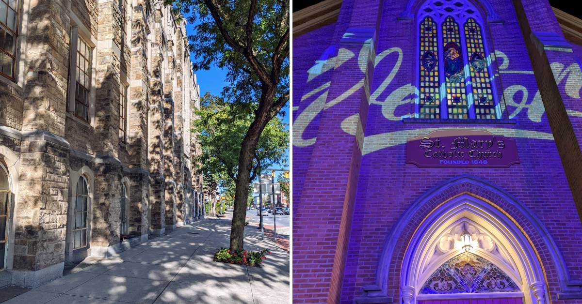 two exterior images of st. mary's in glens falls, one with a purple light on it