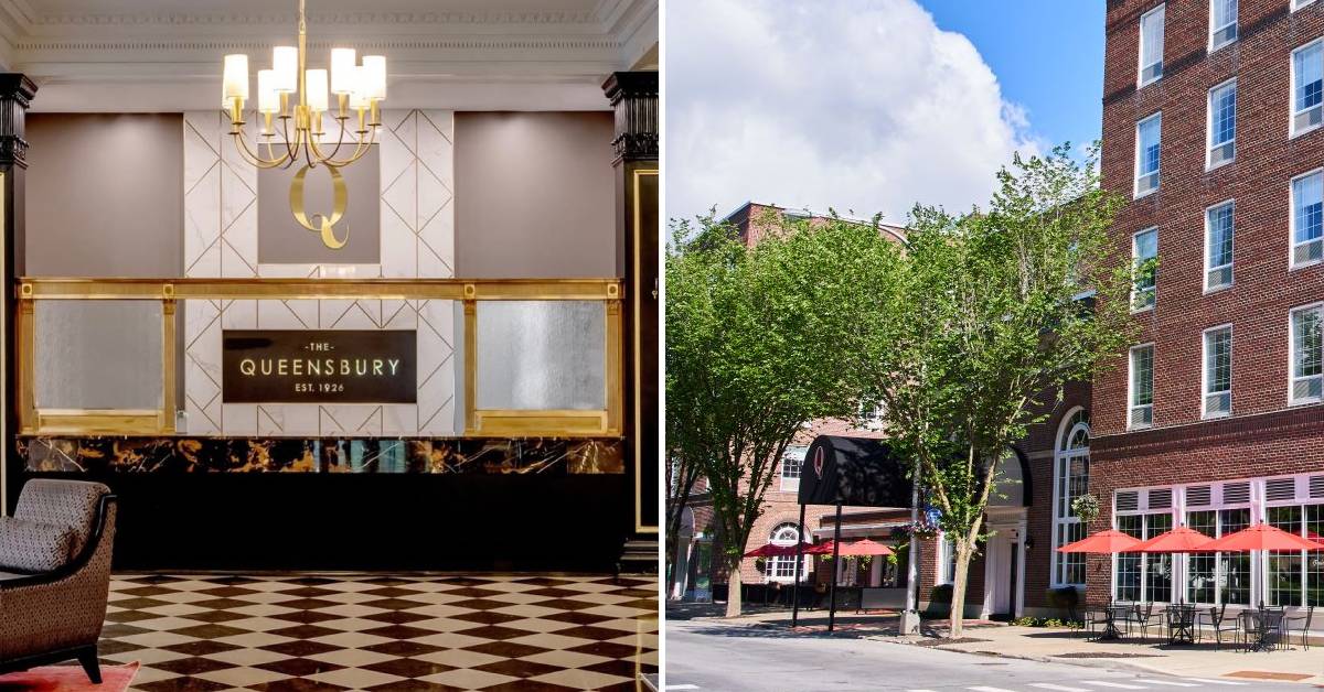 interior and exterior of queensbury hotel