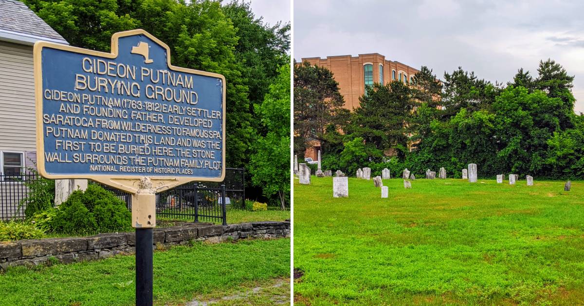 gideon putnam burying ground, sign on the left, graves on the right