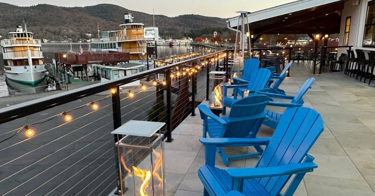 adirondack chairs by lake george on patio