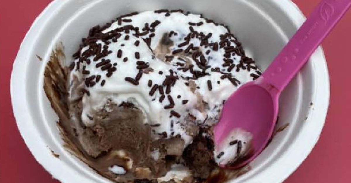 chocolate ice cream in a bowl with whipped cream and chocolate sprinkles