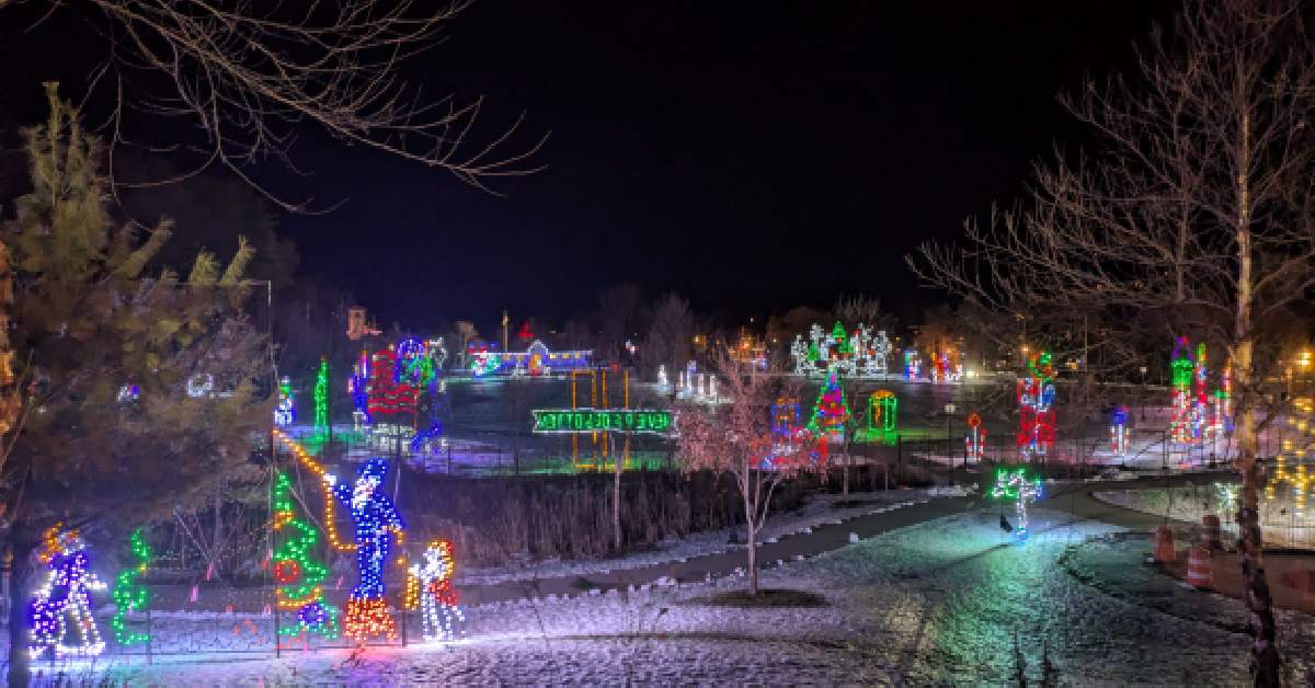 holiday lights set up around the lake