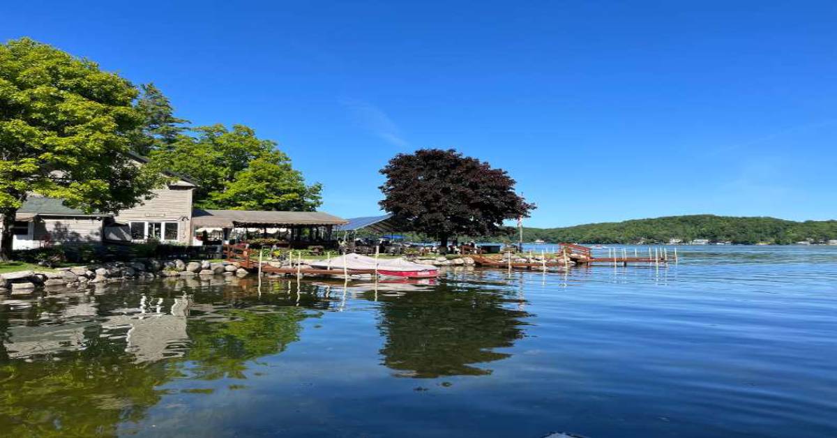 View from the Lake Looking at the Restaurant on a Sunny Day 
