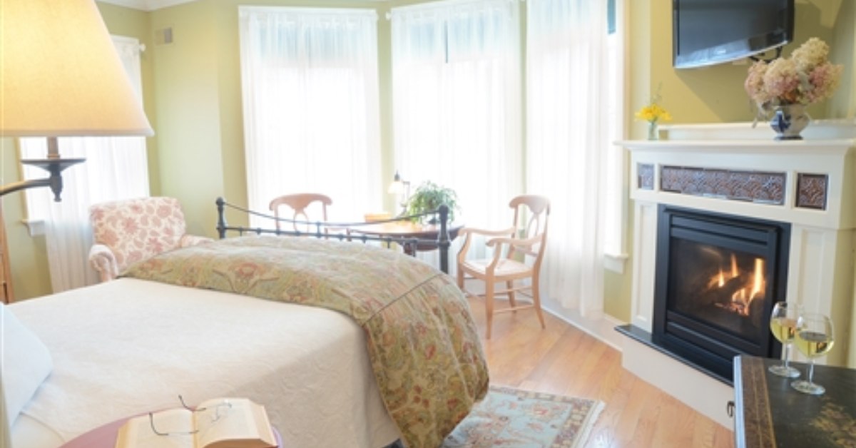 guest room with a fireplace