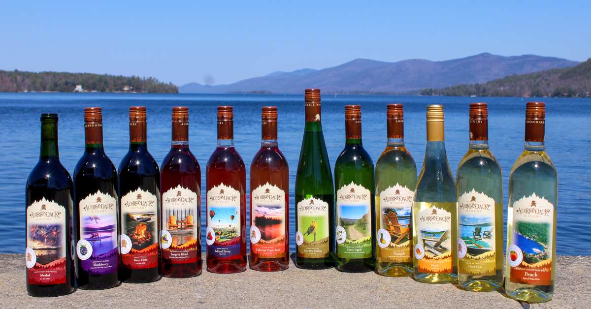 row of Adirondack Winery wine bottles