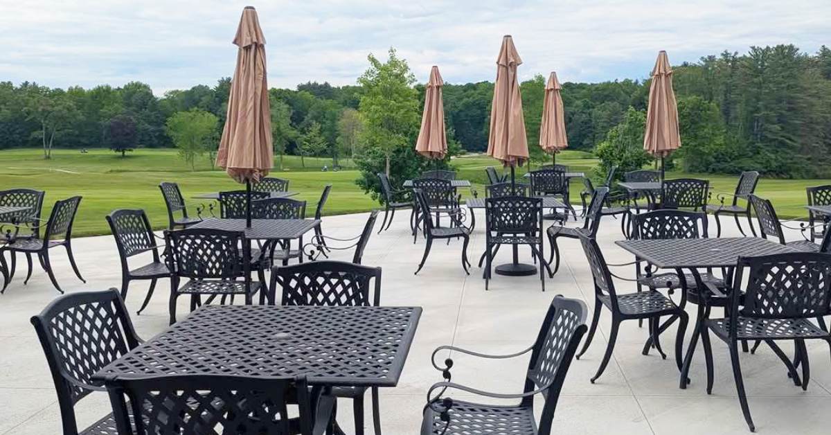 patio with metal tables and chairs