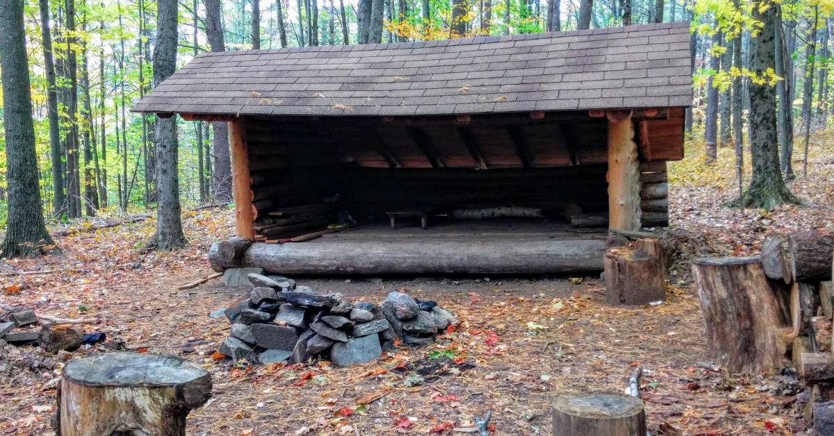 lean-to in the woods in fall