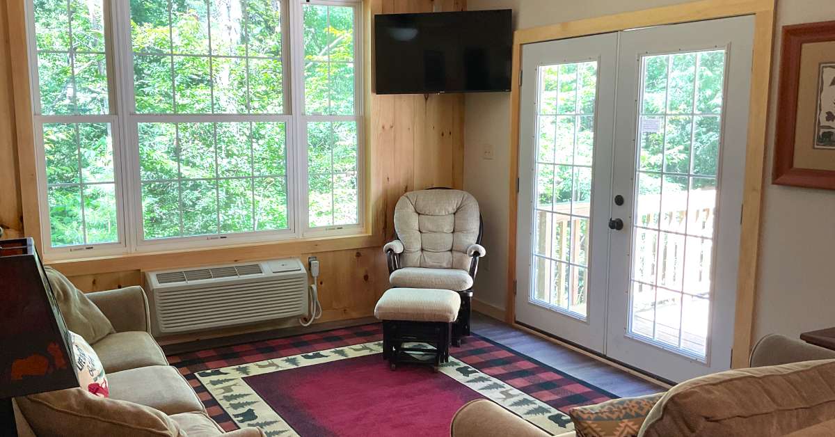 sofa, chair, and TV in a cabin living room