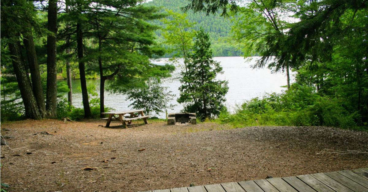 picnic table and fire pit on an island