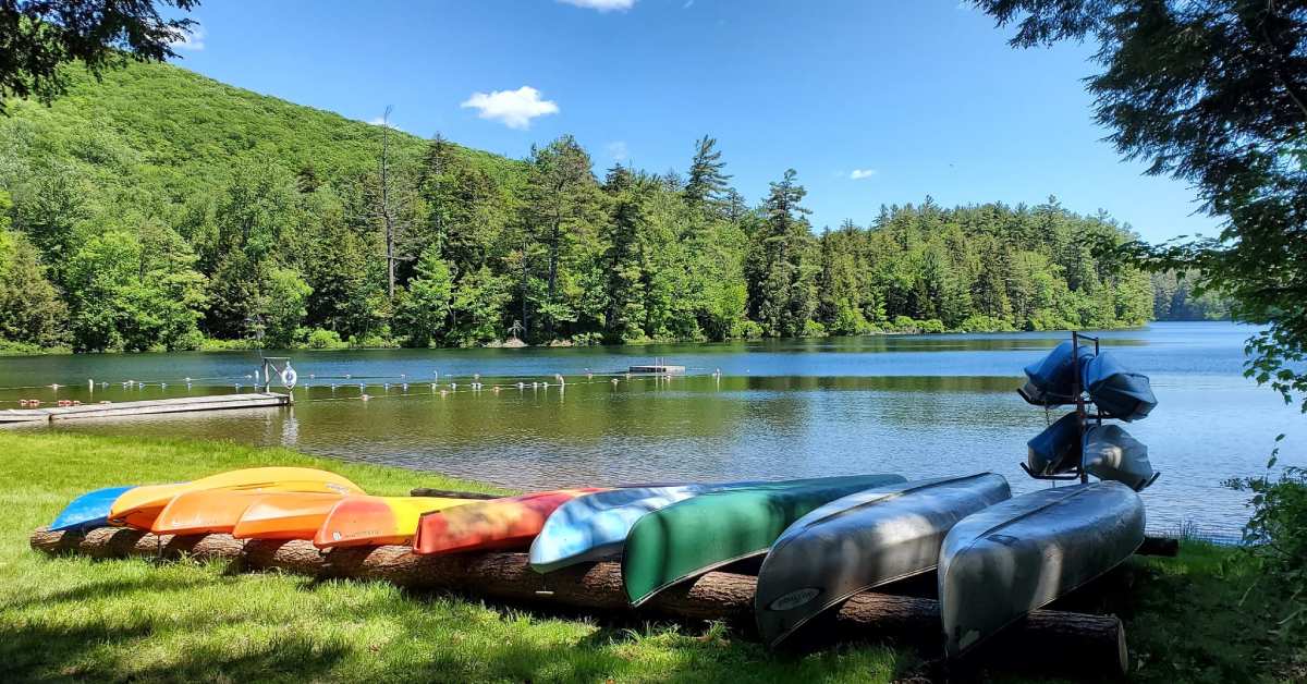 a row of colorful kayaks and canoes