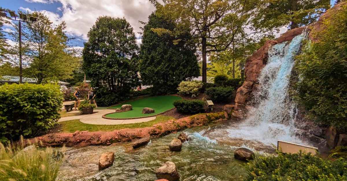 mini golf course with small waterfall