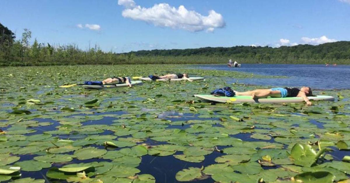 Women lying on SUP paddle boards on a lake