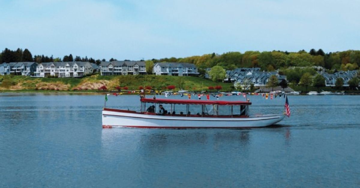 a long boat on a lake