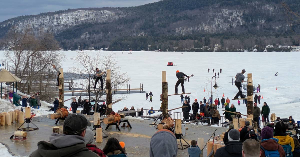axe chopping competition at lake george winter carnival