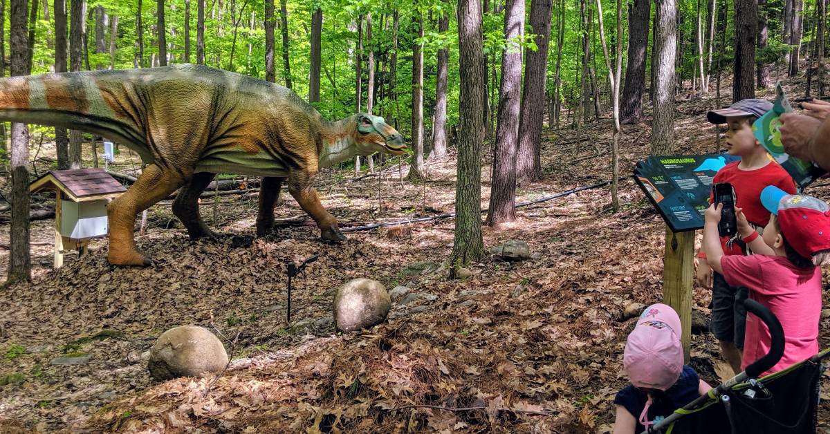 family looks at dinosaur at lake george expedition park