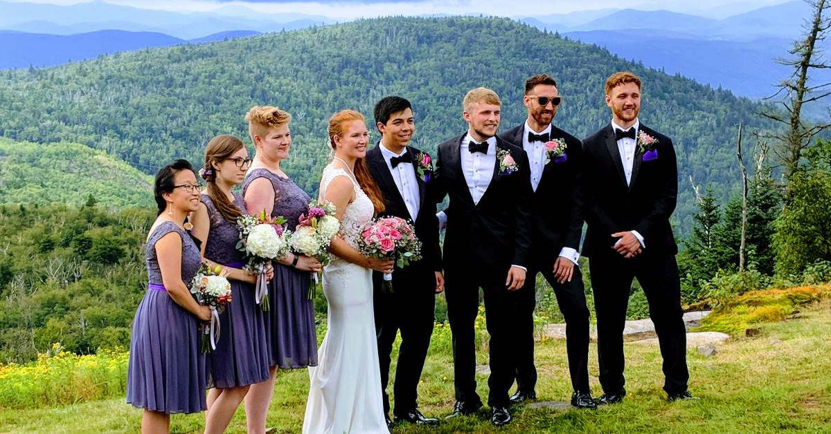 wedding party poses on gore mountain