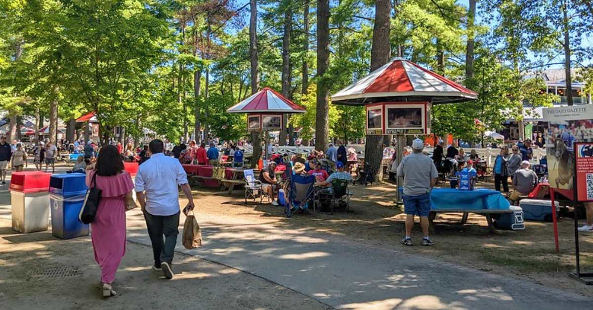 people in the picnic seating area at Saratoga Race Course