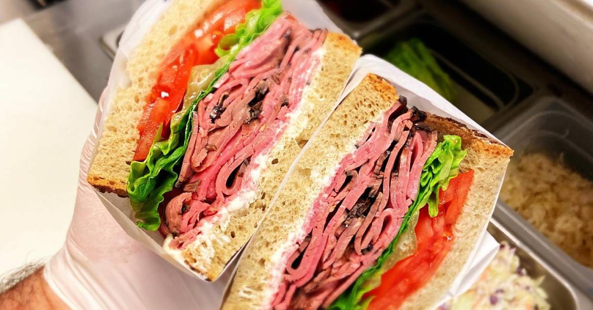 closeup of roast beef sandwich