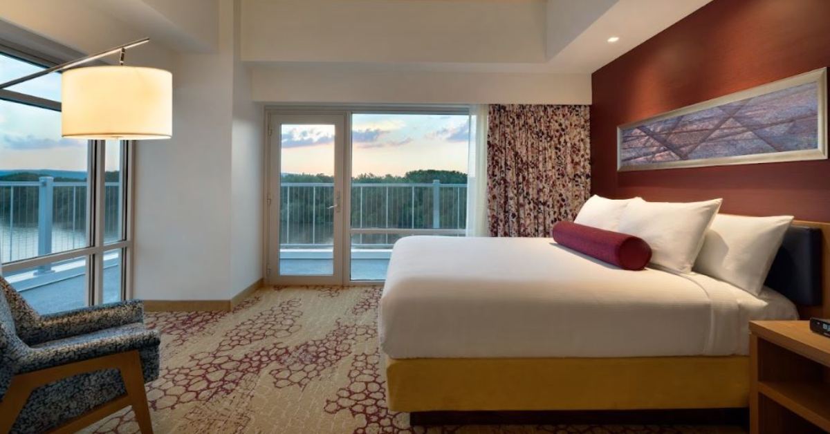 view of a river from a modern hotel room