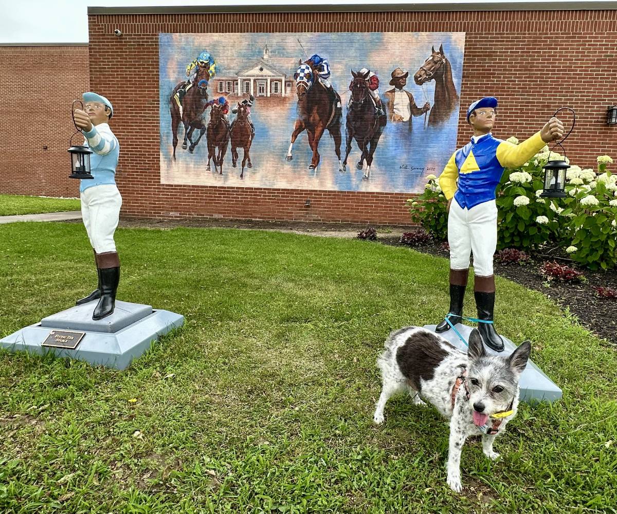 dog poses in front of racing mural and lawn jockeys