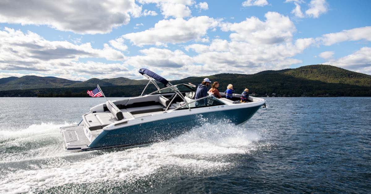 a motorboat on a lake