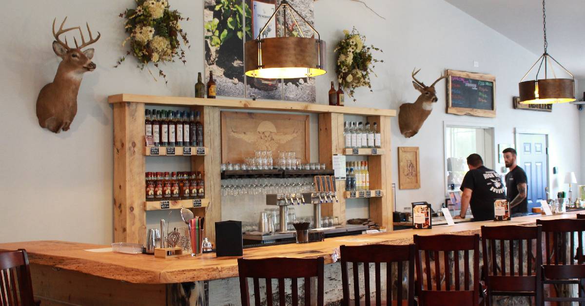 The tasting room with a wood bar