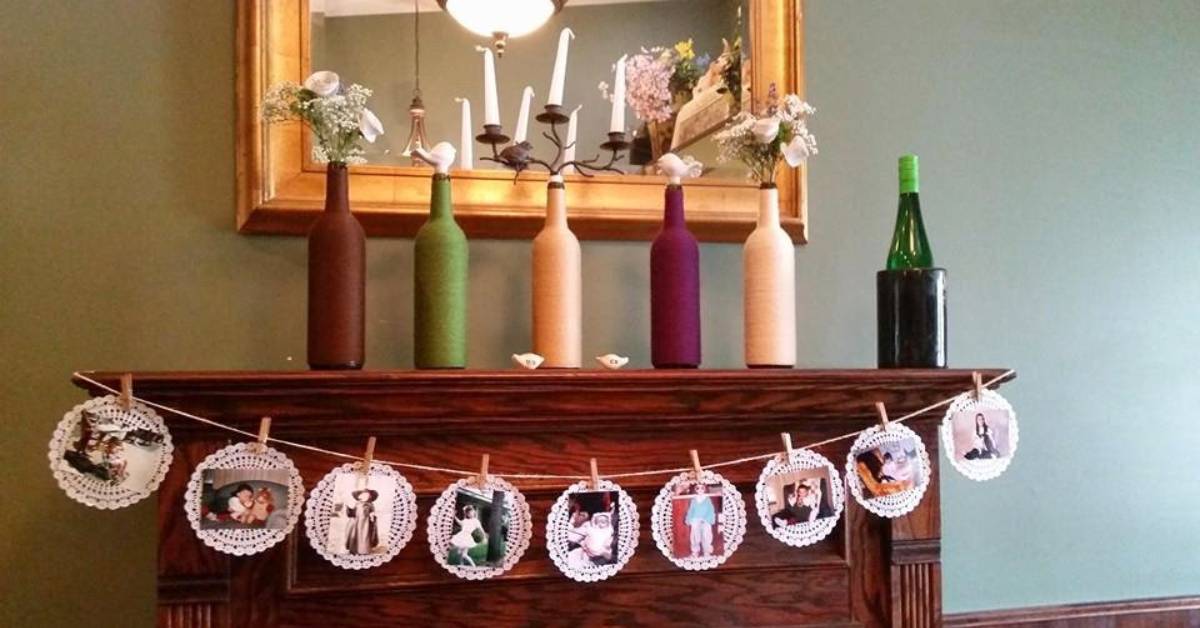 pictures of bride as kid hanging on mantlepiece