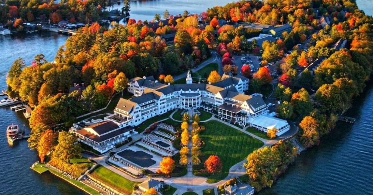 aerial view of sagamore resort in the fall